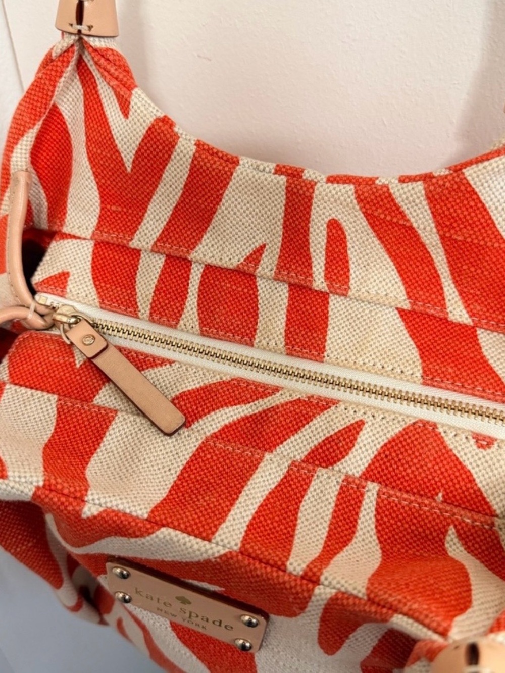 Kate Spade Orange and Cream Zebra-Print Hobo Bag with Beige Handles - Picture 6 of 8